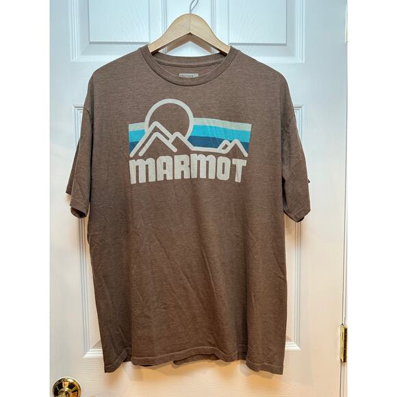 Marmot Outdoor Graphic Logo T-Shirt Brown Blue Sun Mountain XL Casual Hiking Tee - Picture 1 of 4
